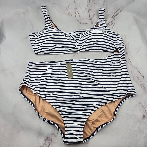 J Crew One Piece 24 3X Blue Striped Square Neck Cut Out Bikini Swim Suit - Picture 1 of 11